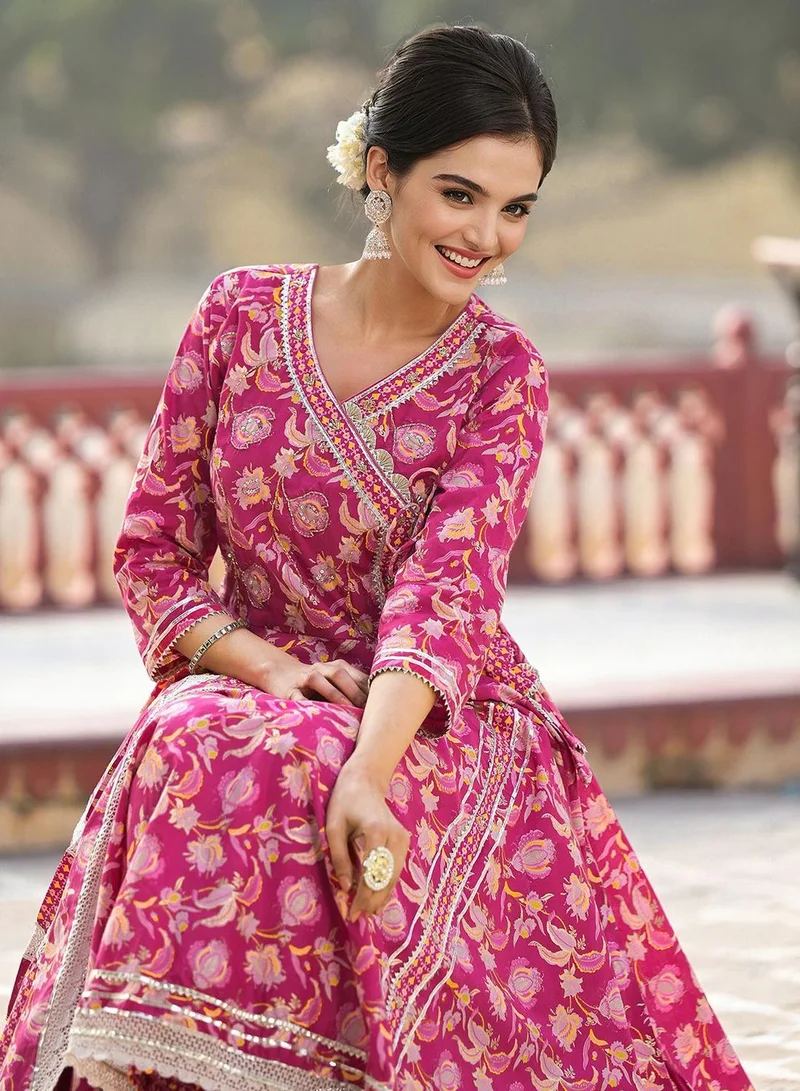 ISHIN Women'S Pink 100% Cotton Self Design Full Length Palazzo Kurta Set